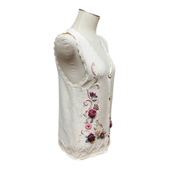 Vintage Capacity Floral Pearl Sweater Vest Off-White Petite Large - Picture 8 of 8